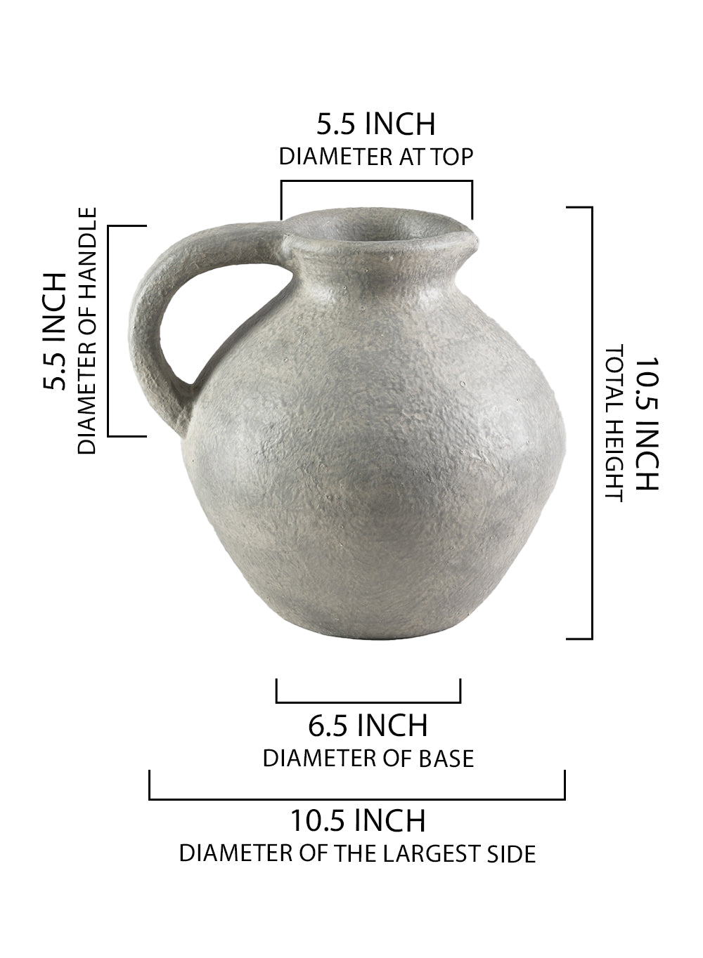 Gray Ceramic Jug Vase, 10.5" Diameter & 10.5" Tall