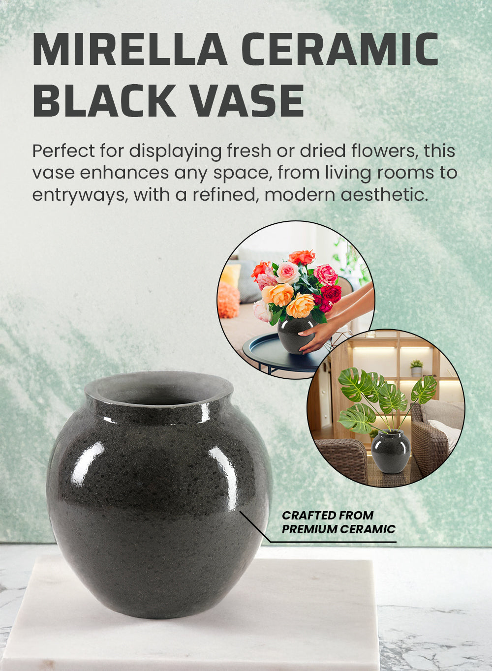 Mirella Ceramic Black Vase, 10" Diameter & 11" Tall