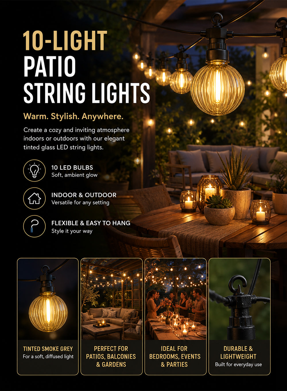 20ft LumaGlow Smoke Grey LED String Lights