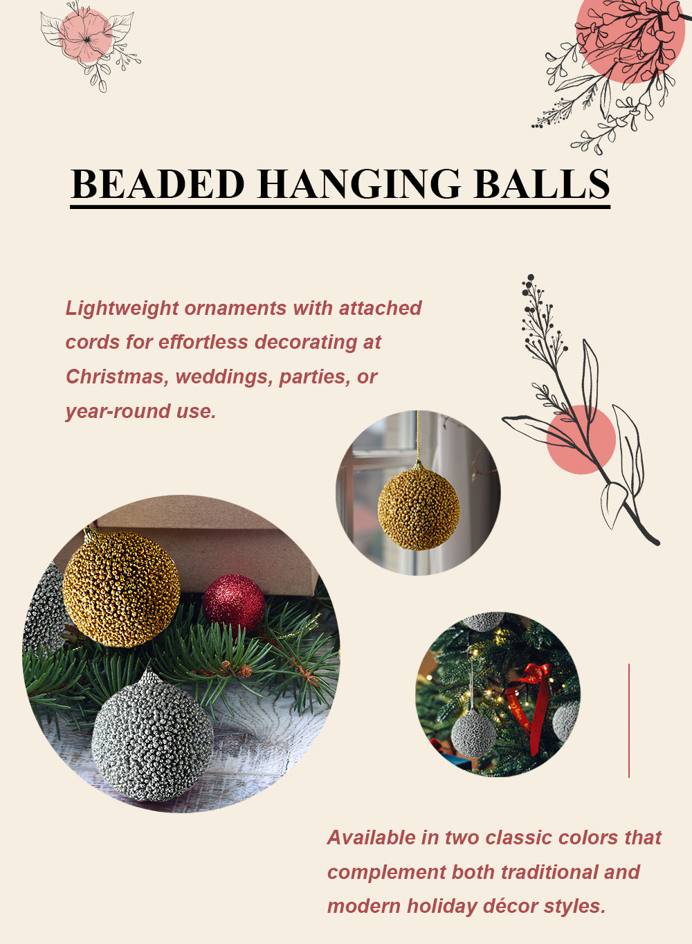 Beaded Ornament Balls, 3.5" Diameter, Pack of 6