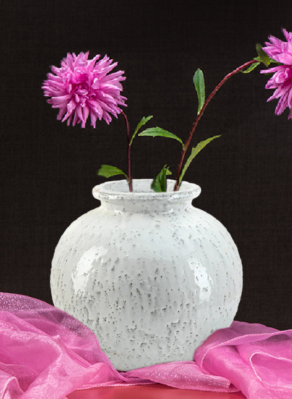 Elara Aged White Ceramic Urn Vase, 12" Diameter & 11" Tall