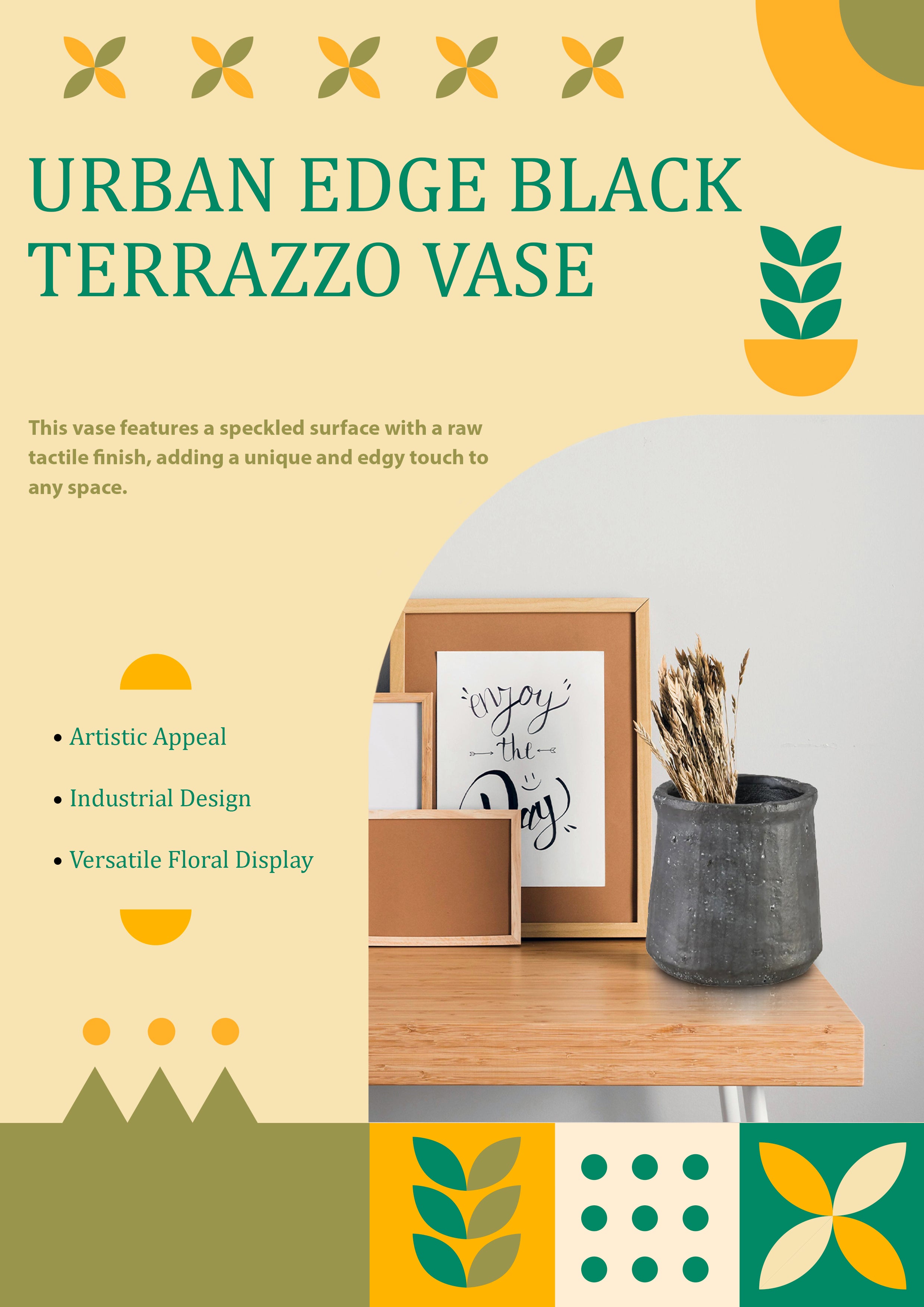 UrbanEdge Black Terrazzo Vase, 4.5" Diameter & 5" Tall