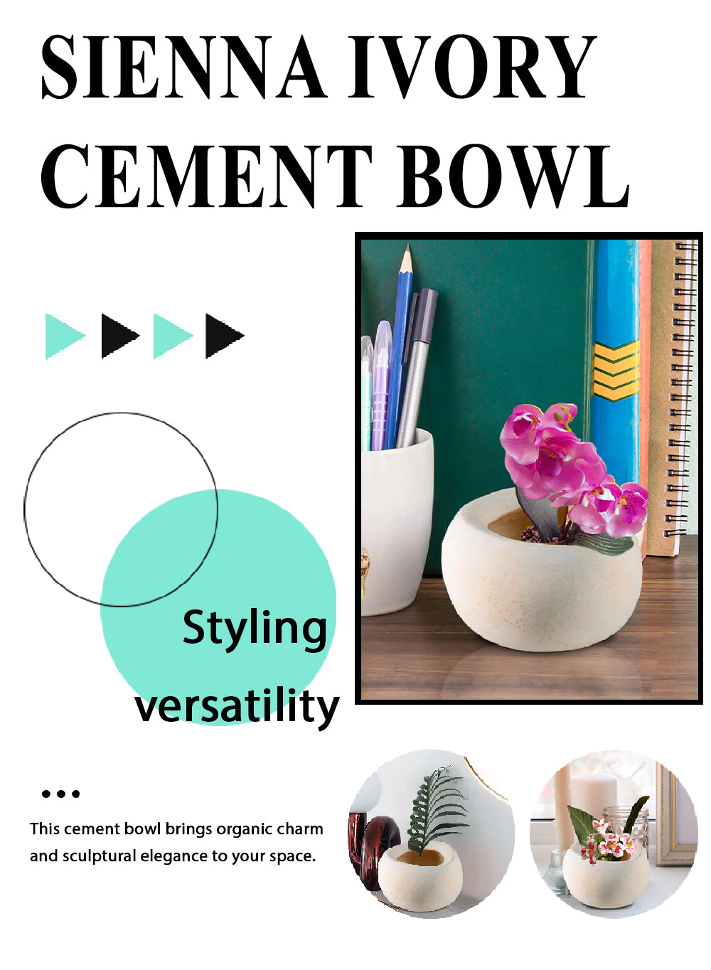 Sienna Ivory Cement Bowl, 6" Diameter & 3.5" Tall