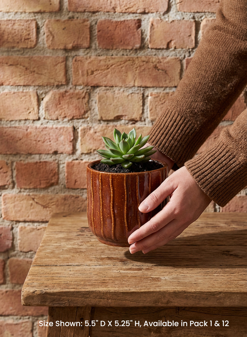 Ribbed Amber Brown Ceramic Cachepot Collection