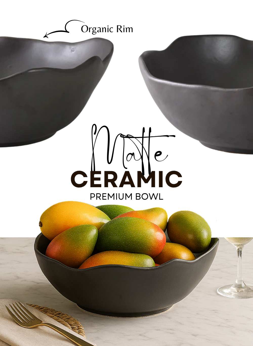 Free-Form Edge Glazed Ceramic Bowl, in 4 Sizes