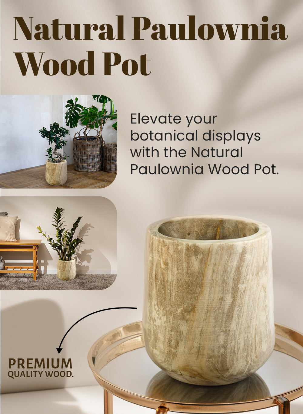 15.5" Rounded Paulownia Wood Cachepot