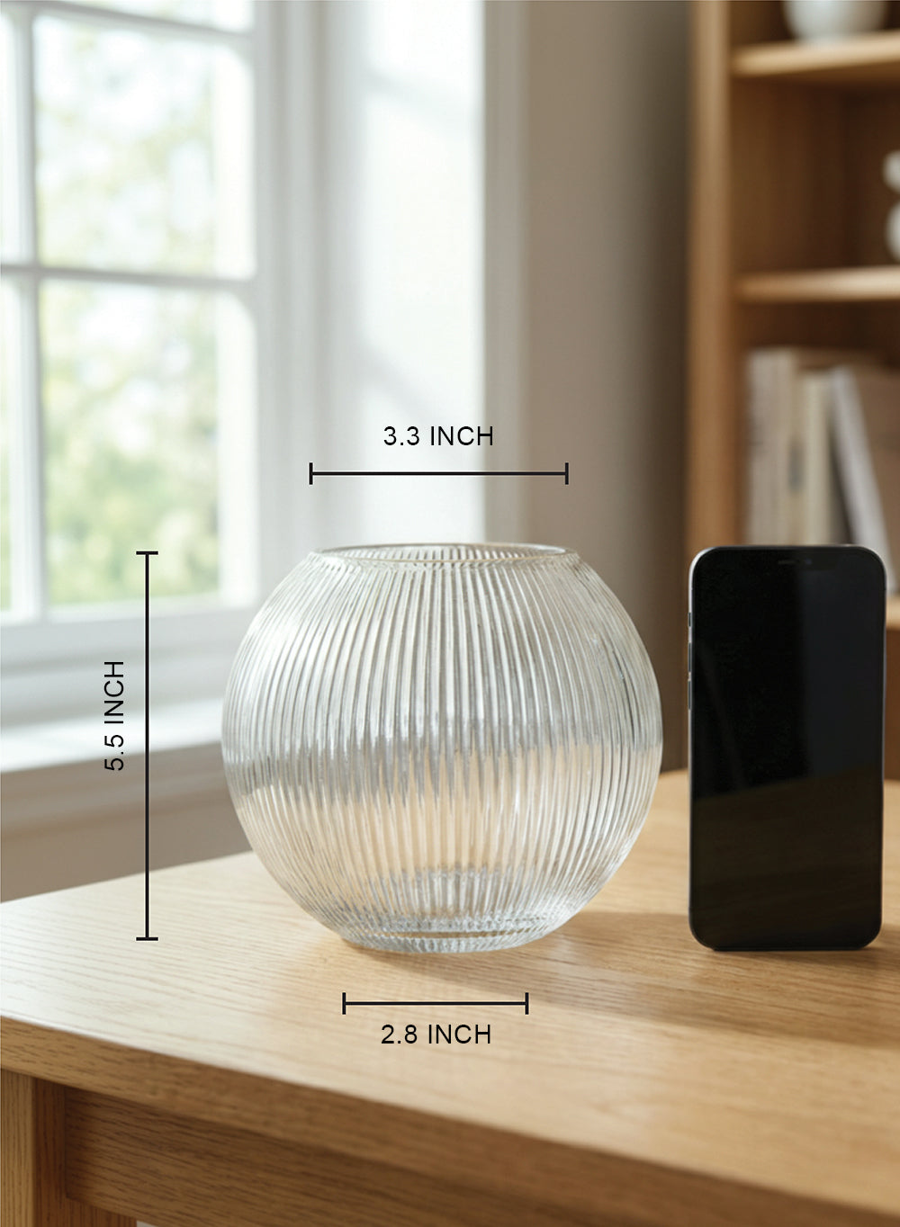 Ribbed Fishbowl Vase, 3.3"Diameter x 5.5"Tall