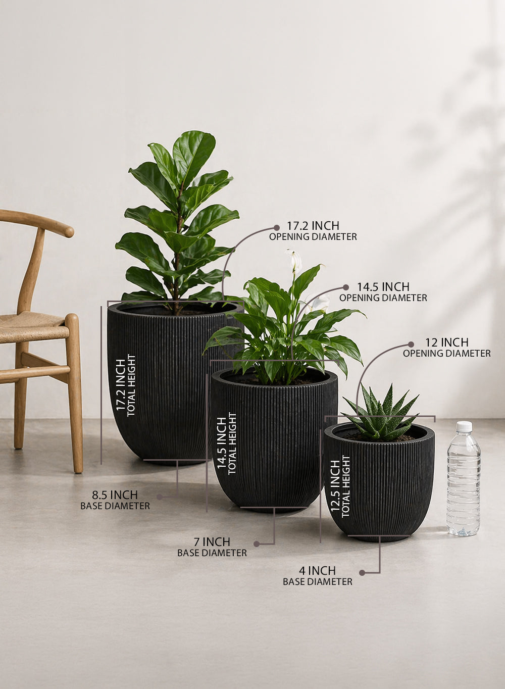 Bundle: Ebon Ribbed PVC Planter (Pack of 3)