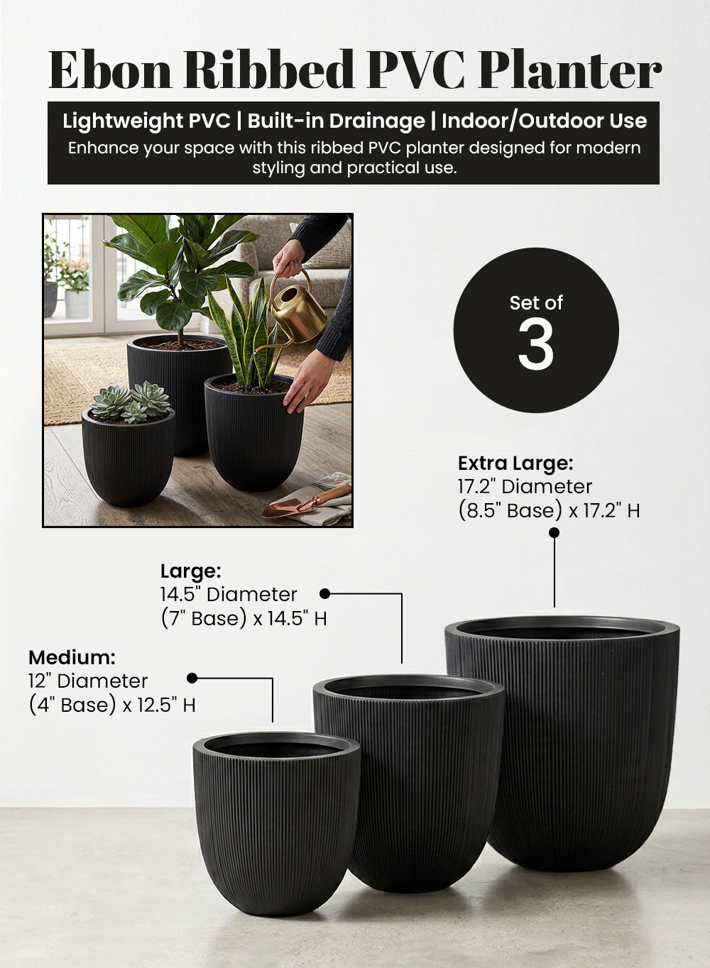 Bundle: Ebon Ribbed PVC Planter (Pack of 3)