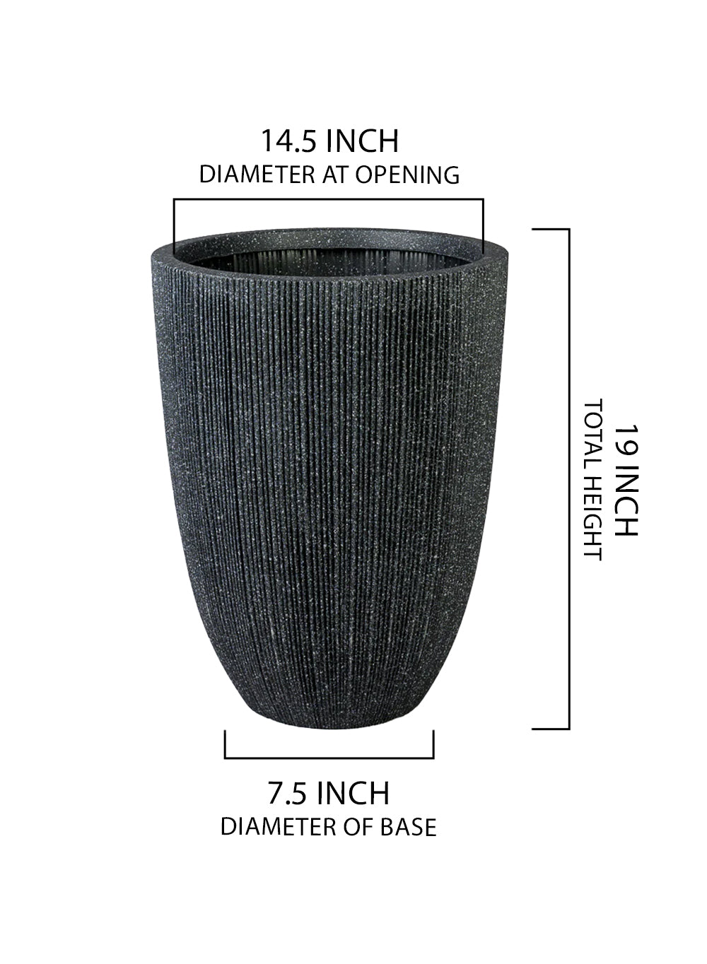 Tall Ribbed Black Planter, 14.5" Diameter & 19" Tall