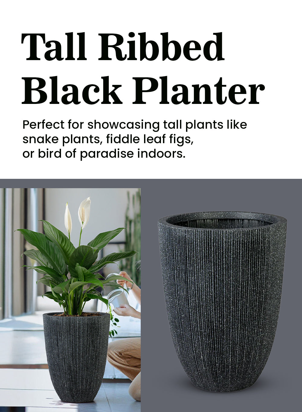 Tall Ribbed Black Planter, 14.5" Diameter & 19" Tall