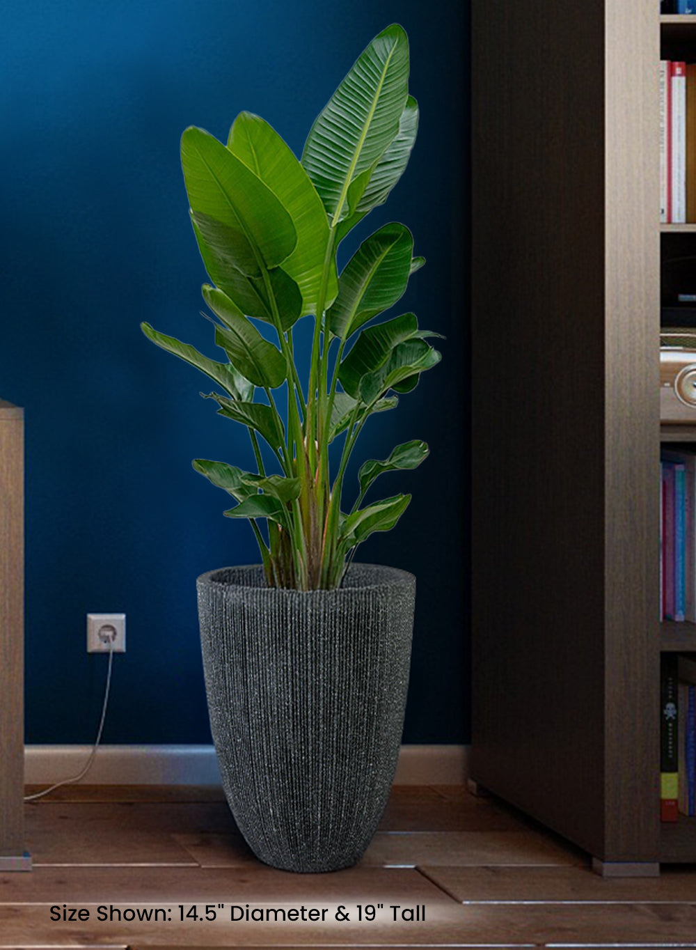Tall Ribbed Black Planter, 14.5" Diameter & 19" Tall