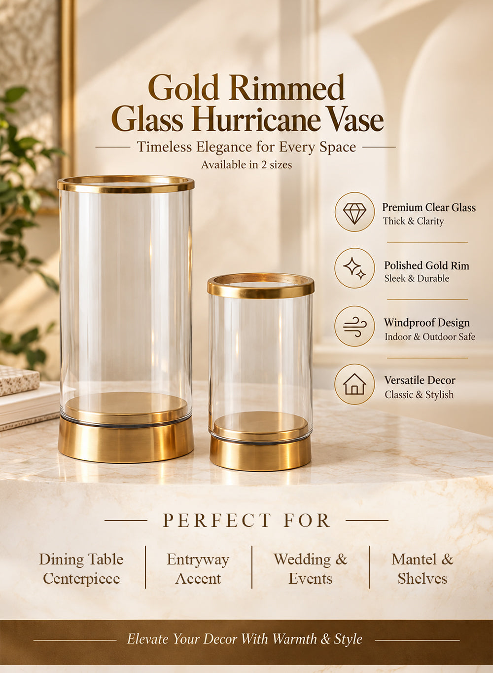 Gold Rimmed Glass Cylindrical Hurricane Collection