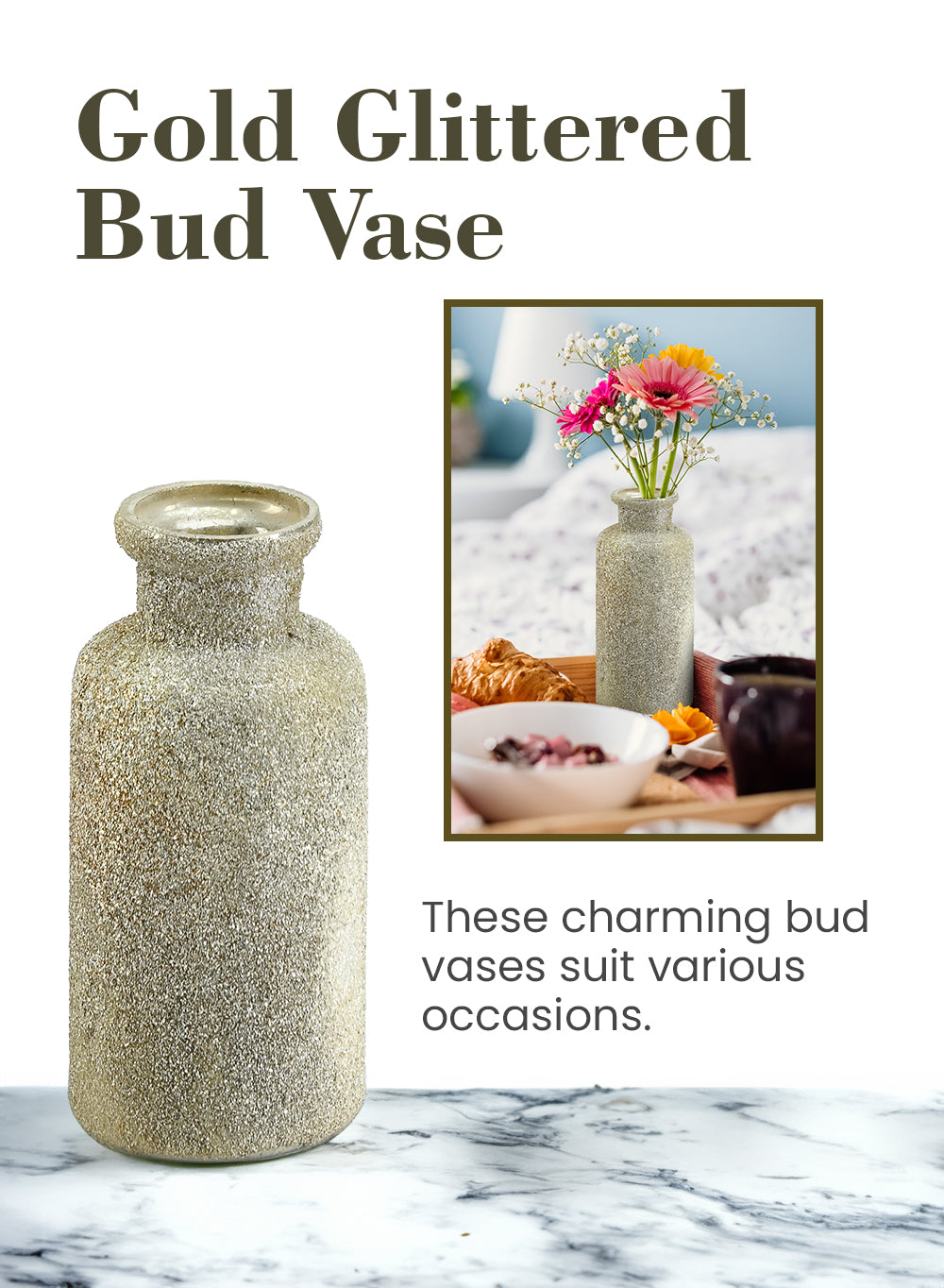 Gold Glittered Bud Vase - Stylish Flower Vases, In 2 Sets