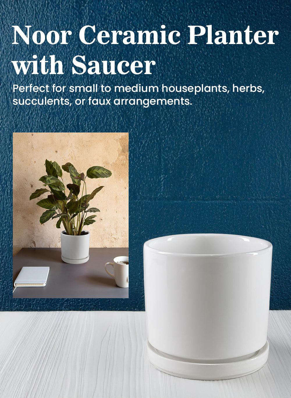 Noor Ceramic Planter with Saucer, 4.6" Diameter & 4.5" Tall