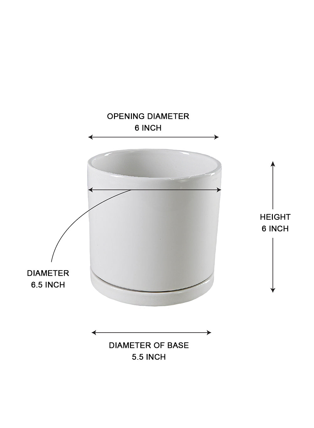 Alba White Ceramic Planter, 6.5" Diameter & 6" Tall