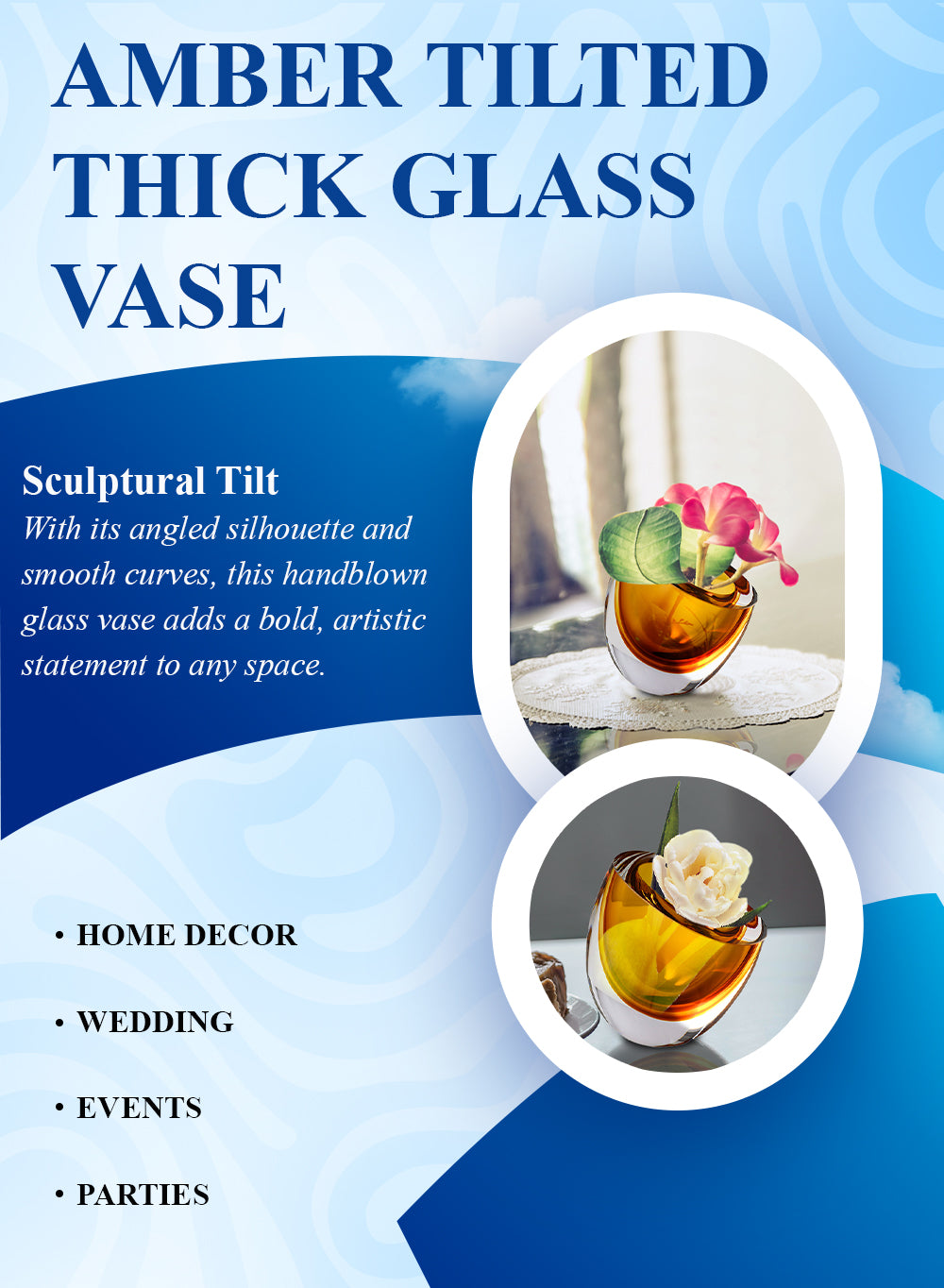 Amber Tilted Thick Glass Vase, 4.9" Diameter & 5.5" Tall