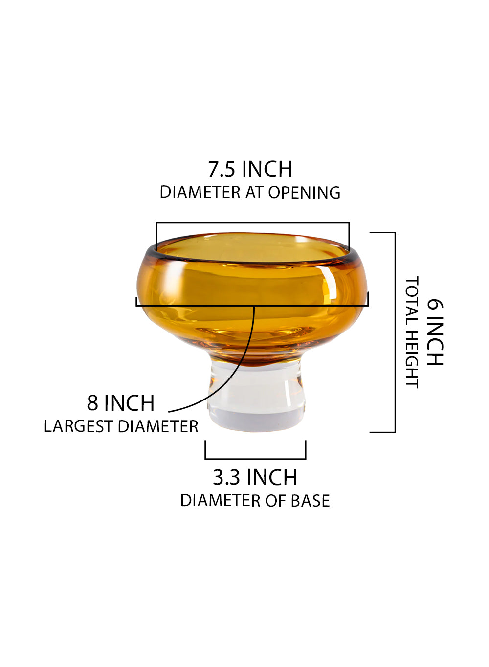 Handblown Amber & Clear Glass Bowl Vase, 8" Diameter & 6" Tall