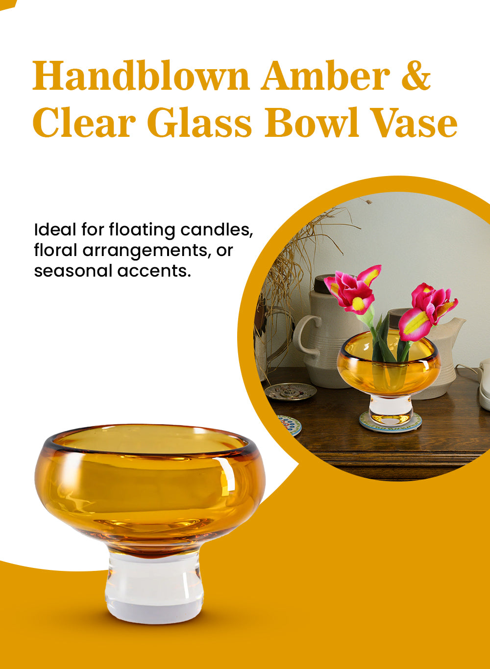 Handblown Amber & Clear Glass Bowl Vase, 8" Diameter & 6" Tall