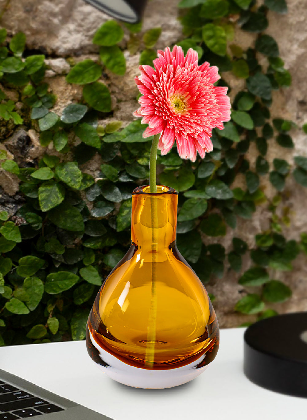 Mini Amber Teardrop Glass Bud Vase, 3.5" Diameter & 4.5" Tall