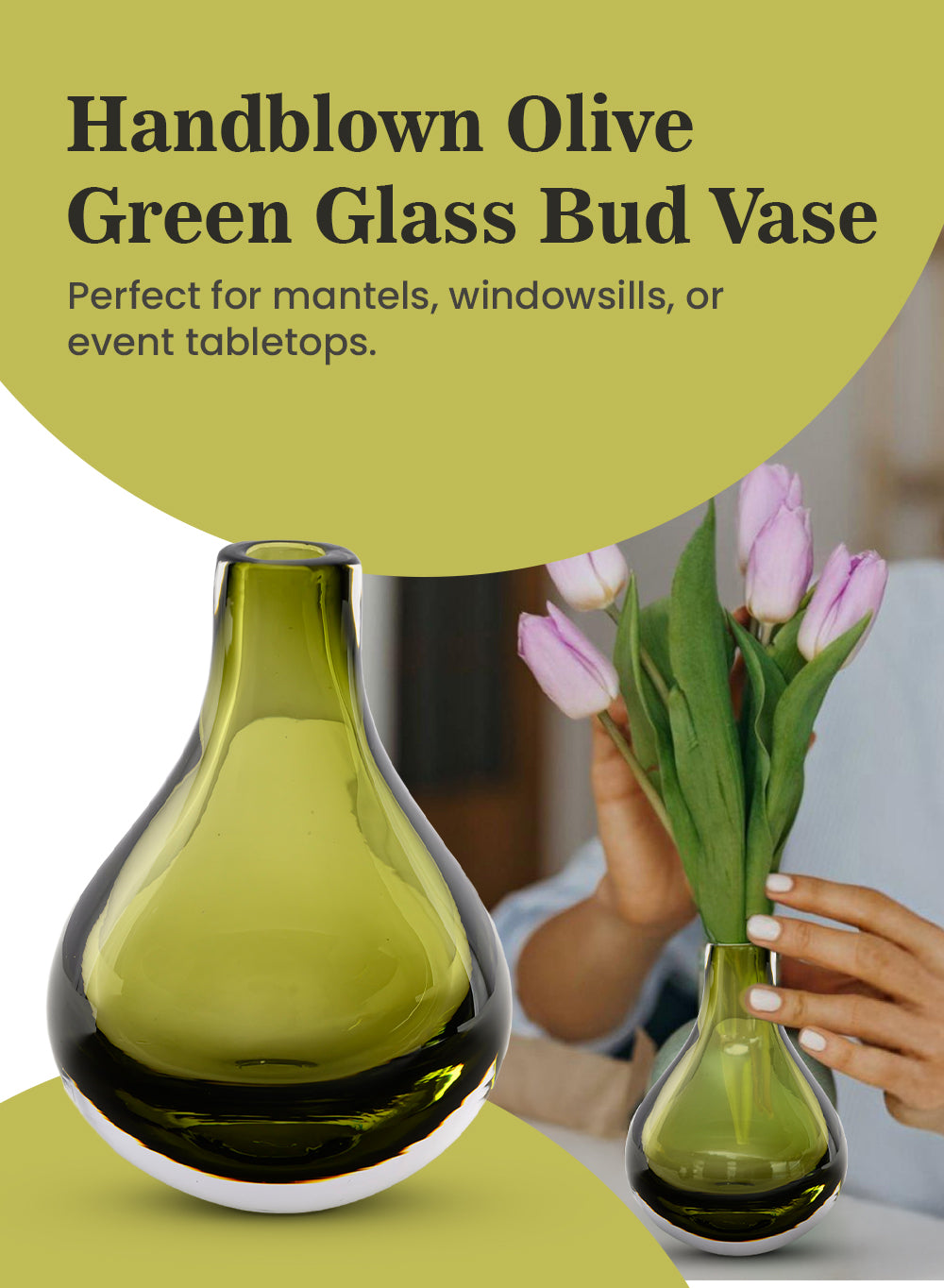 Handblown Olive Green Glass Bud Vase, 4" Diameter & 5.5" Tall