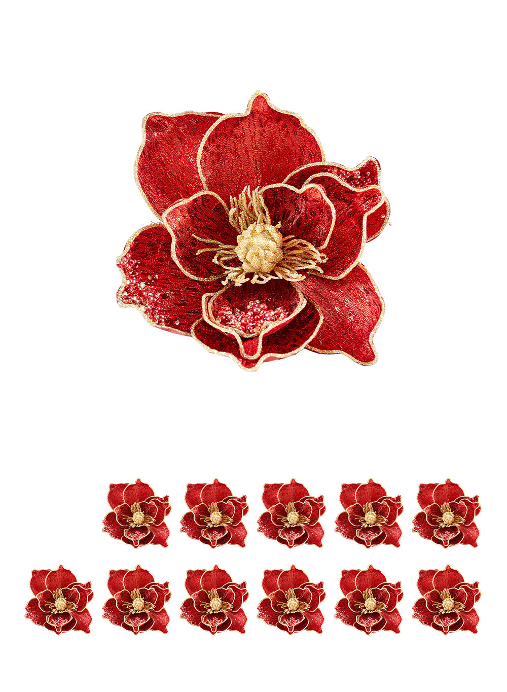 Red Velvet Clip-On Christmas Flower, 5" Wide & 6" Long, Pack of 12