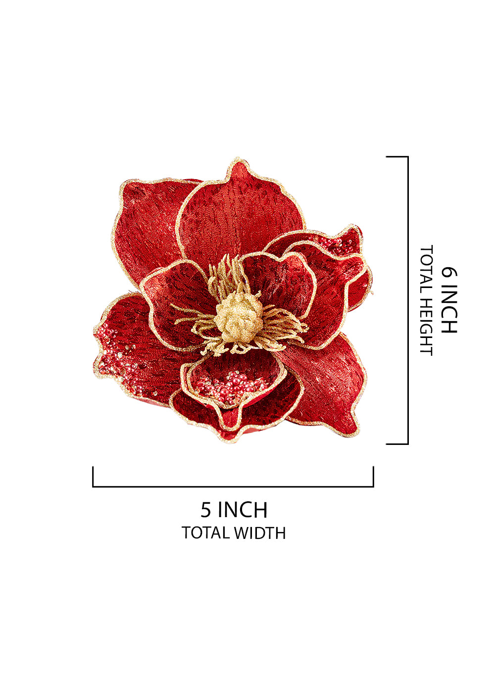 Red Velvet Clip-On Christmas Flower, 5" Wide & 6" Long, Pack of 12