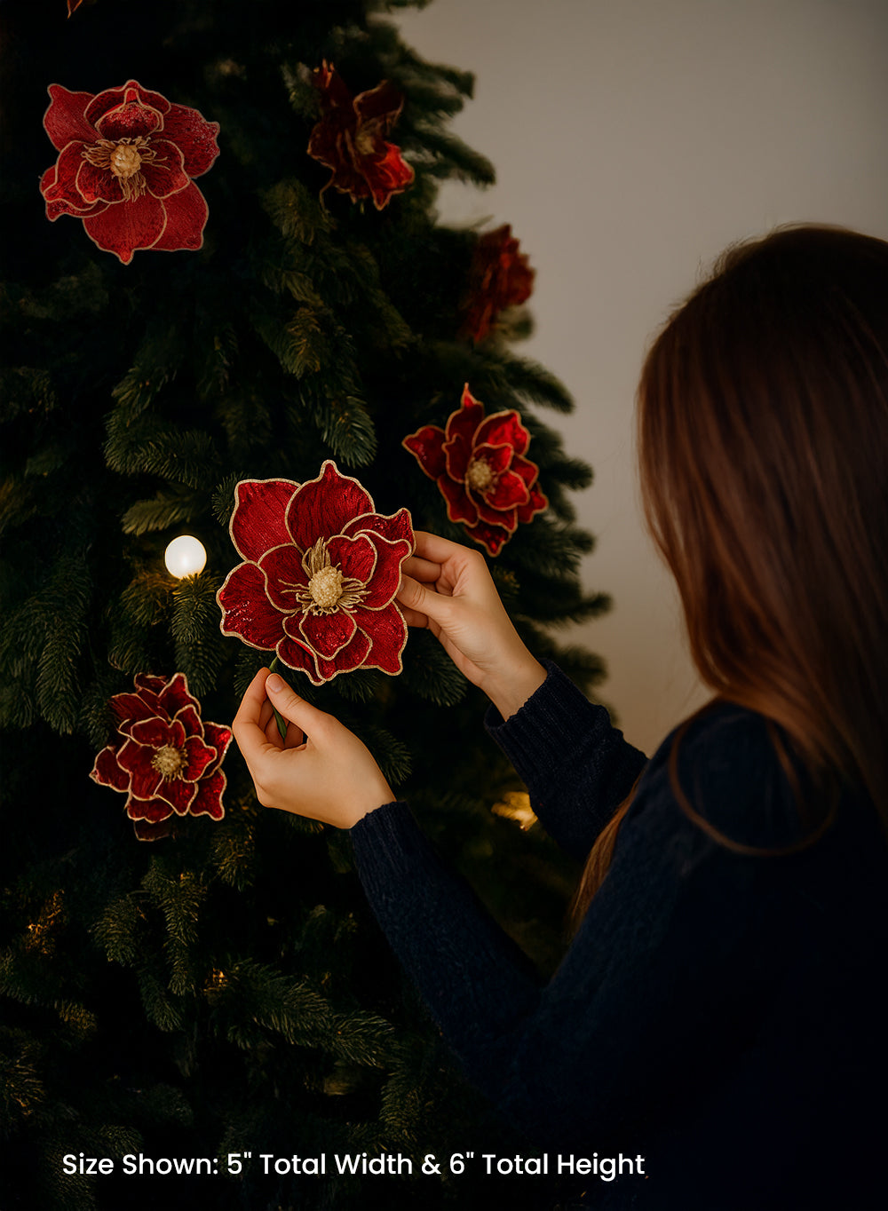 Red Velvet Clip-On Christmas Flower, 5" Wide & 6" Long, Pack of 12