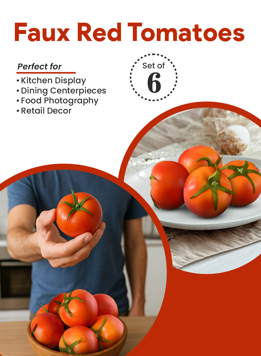 Faux Red Tomatoes, 2.6" Diameter & 2.5" Tall, Pack of 6