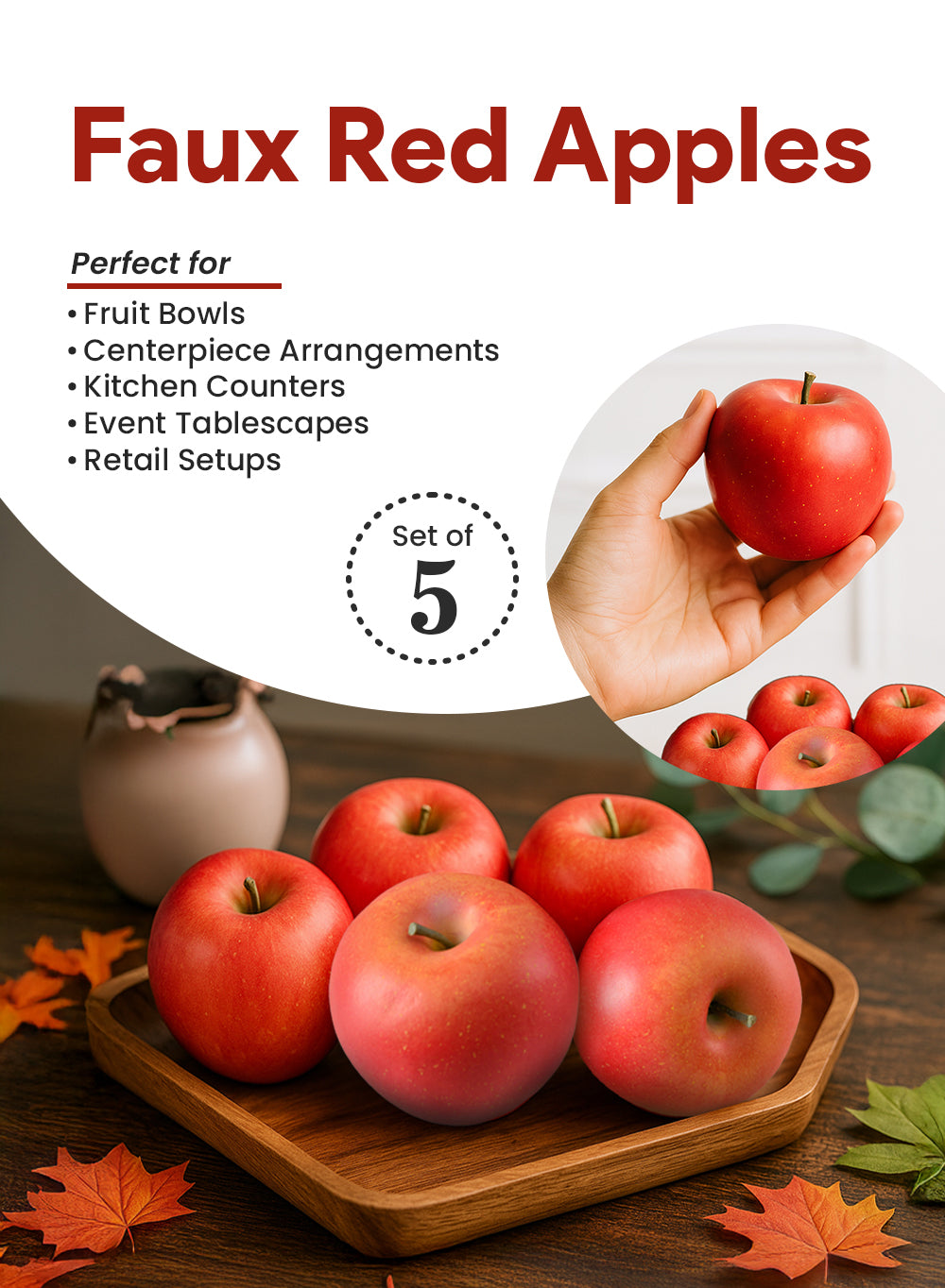 Faux Red Apple, 3" Diameter & 2.5" Tall, Pack of 5