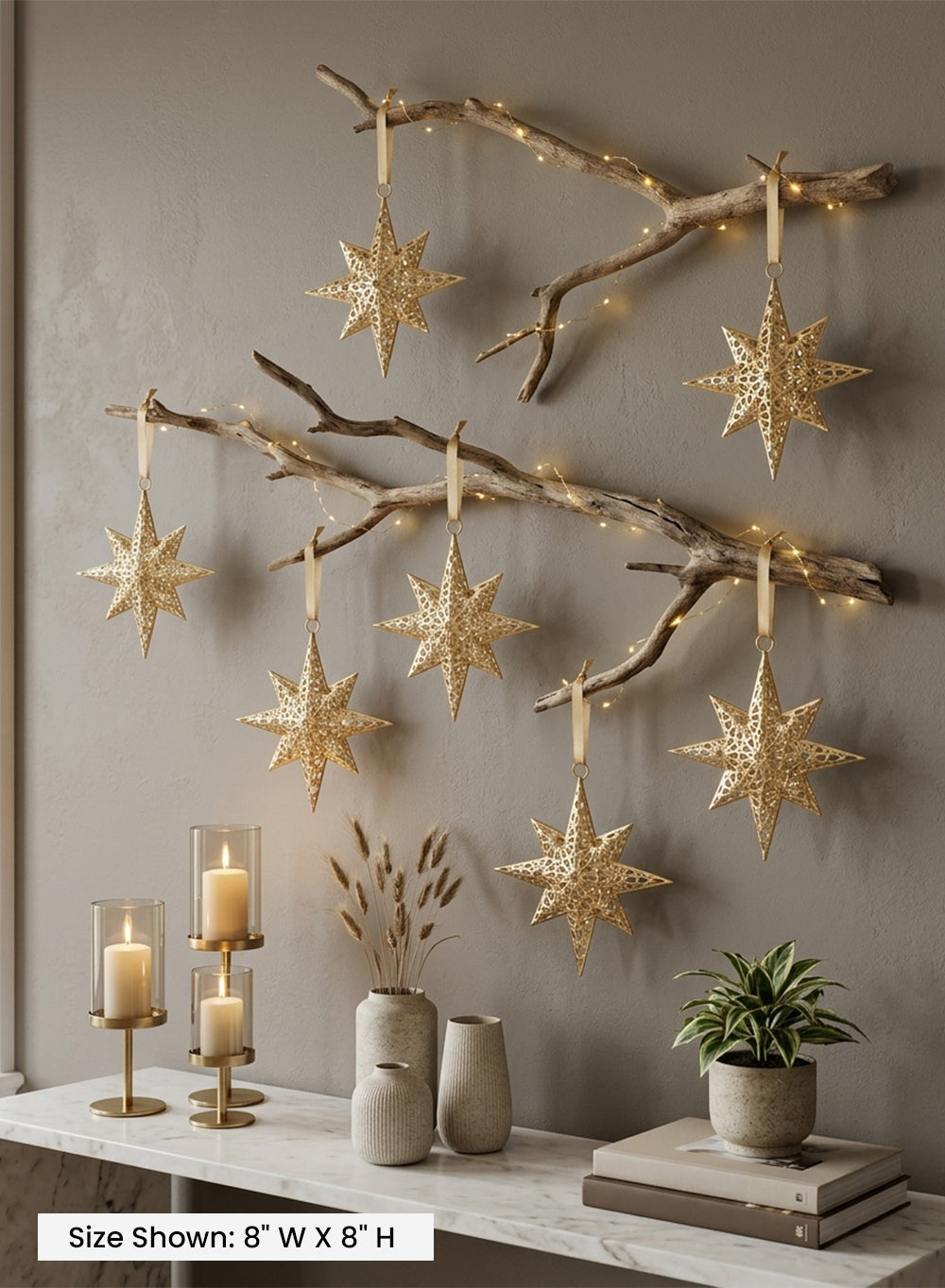 Champagne Gold Star Ornament with Satin Ribbon, 8" Diameter, Pack of 4