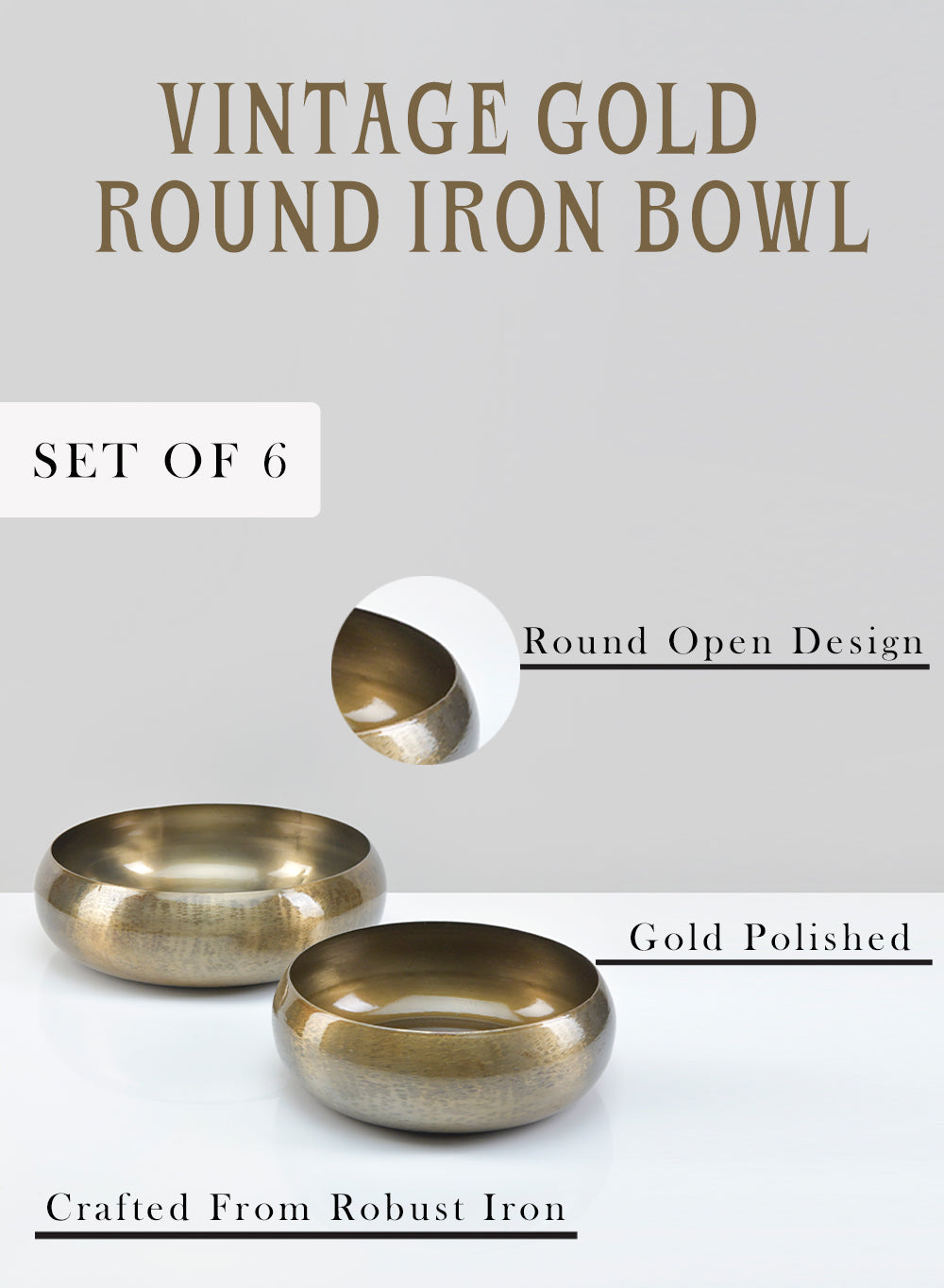 Vintage Gold Round Iron Bowl, in 2 Sizes