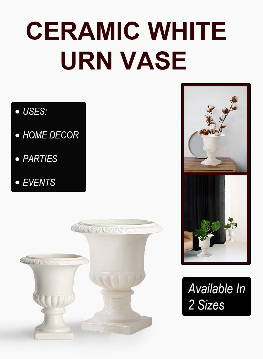 White Ceramic Pedestal Urn Vase - in 3 Sizes