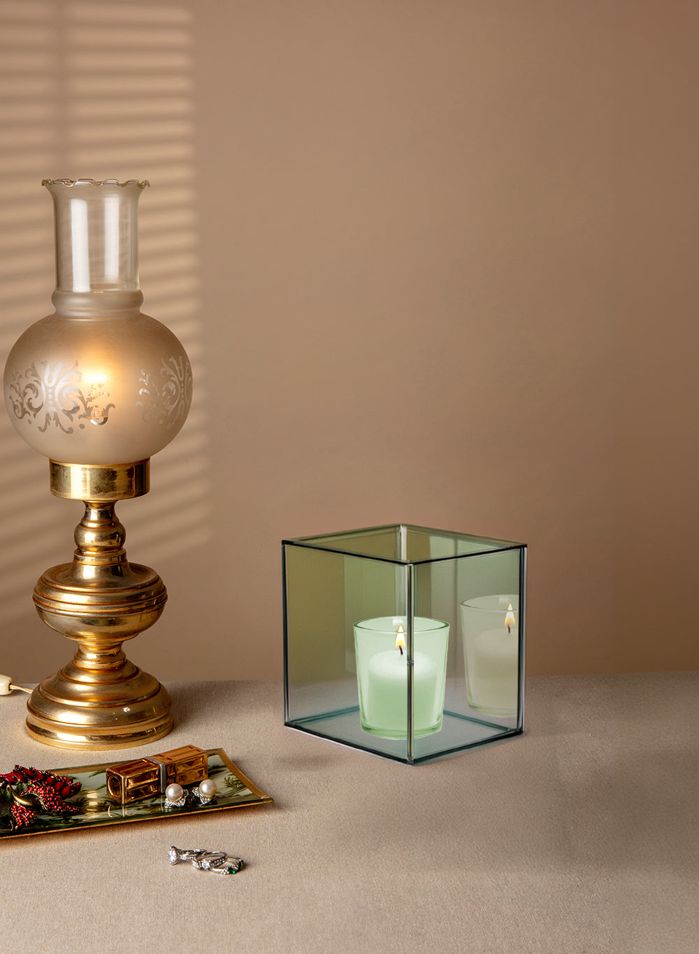 Bluish Green Glass Cube Tea Light Holder, 3" Cube, Set of 4