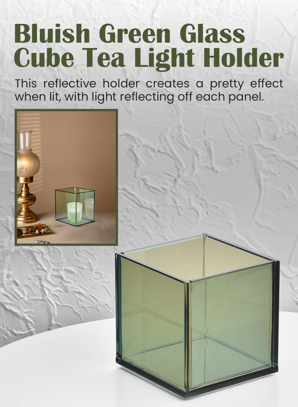Serene Spaces Living Bluish Green Glass Cube Tea Light Holder, Reflective Mirror Effect, Measures 3" Cube
