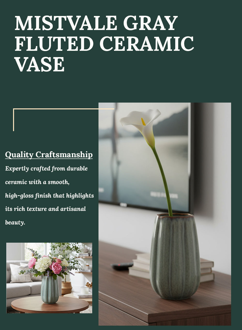 Mistvale Gray Fluted Ceramic Vase
