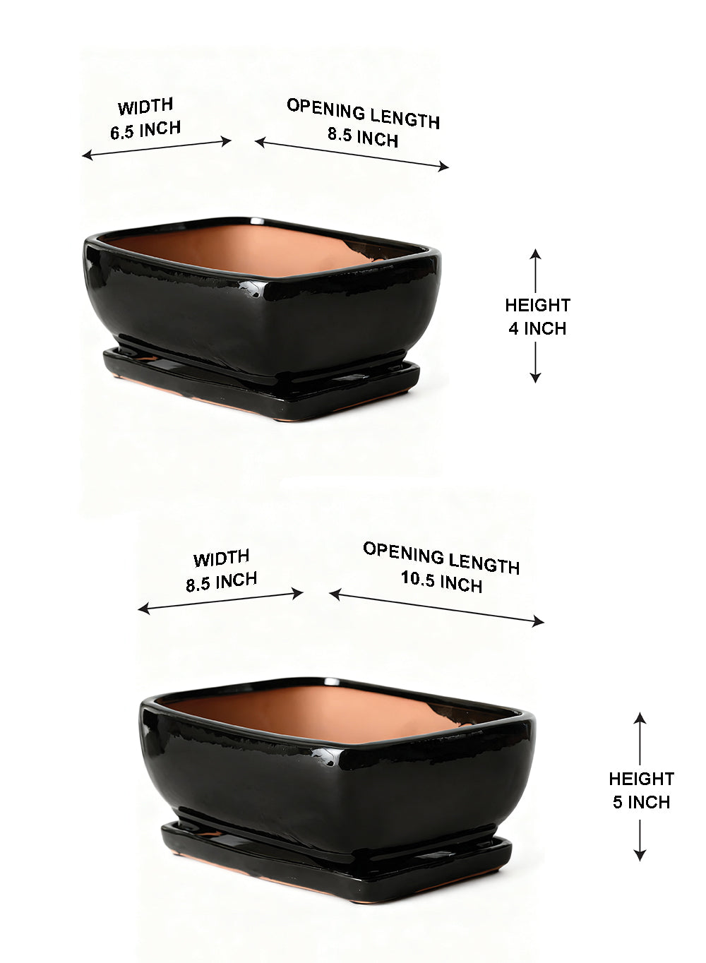 Black Ceramic Bonsai Planters, Bundle of 2 (Small & Medium)