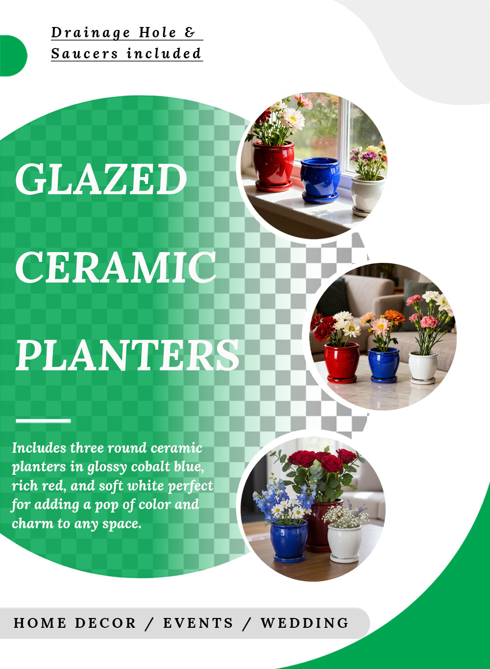 Glazed Ceramic Planters (White - Pack of 1, Blue - Pack of 1, Red - Pack of 1)
