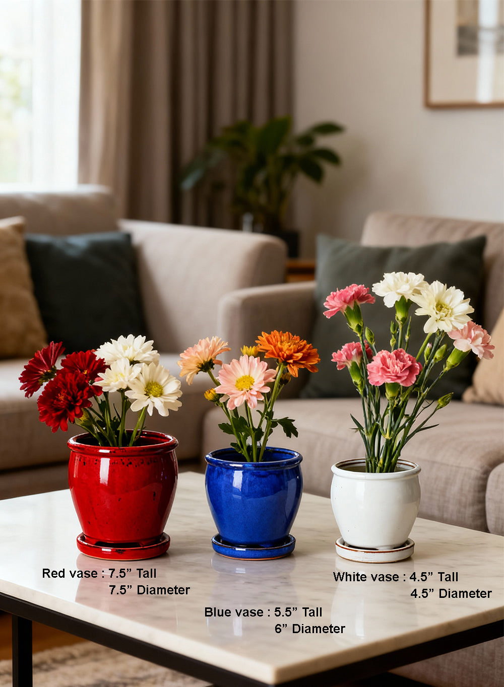 Glazed Ceramic Planters (White - Pack of 1, Blue - Pack of 1, Red - Pack of 1)