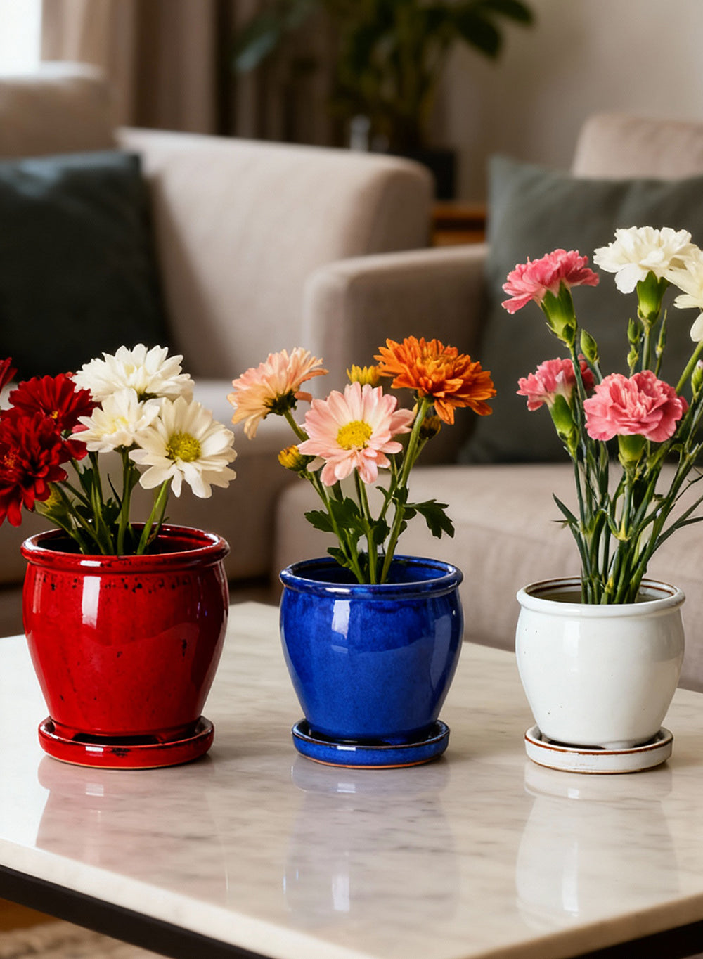 Glazed Ceramic Planters (White - Pack of 1, Blue - Pack of 1, Red - Pack of 1)