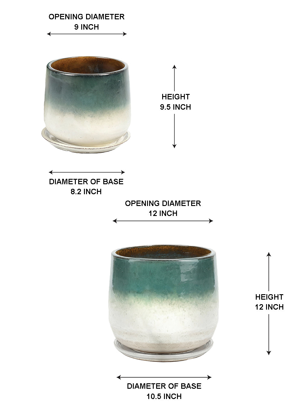 Green Ombre Ceramic Planter with Drainage Hole and Saucer, In 2 Sizes
