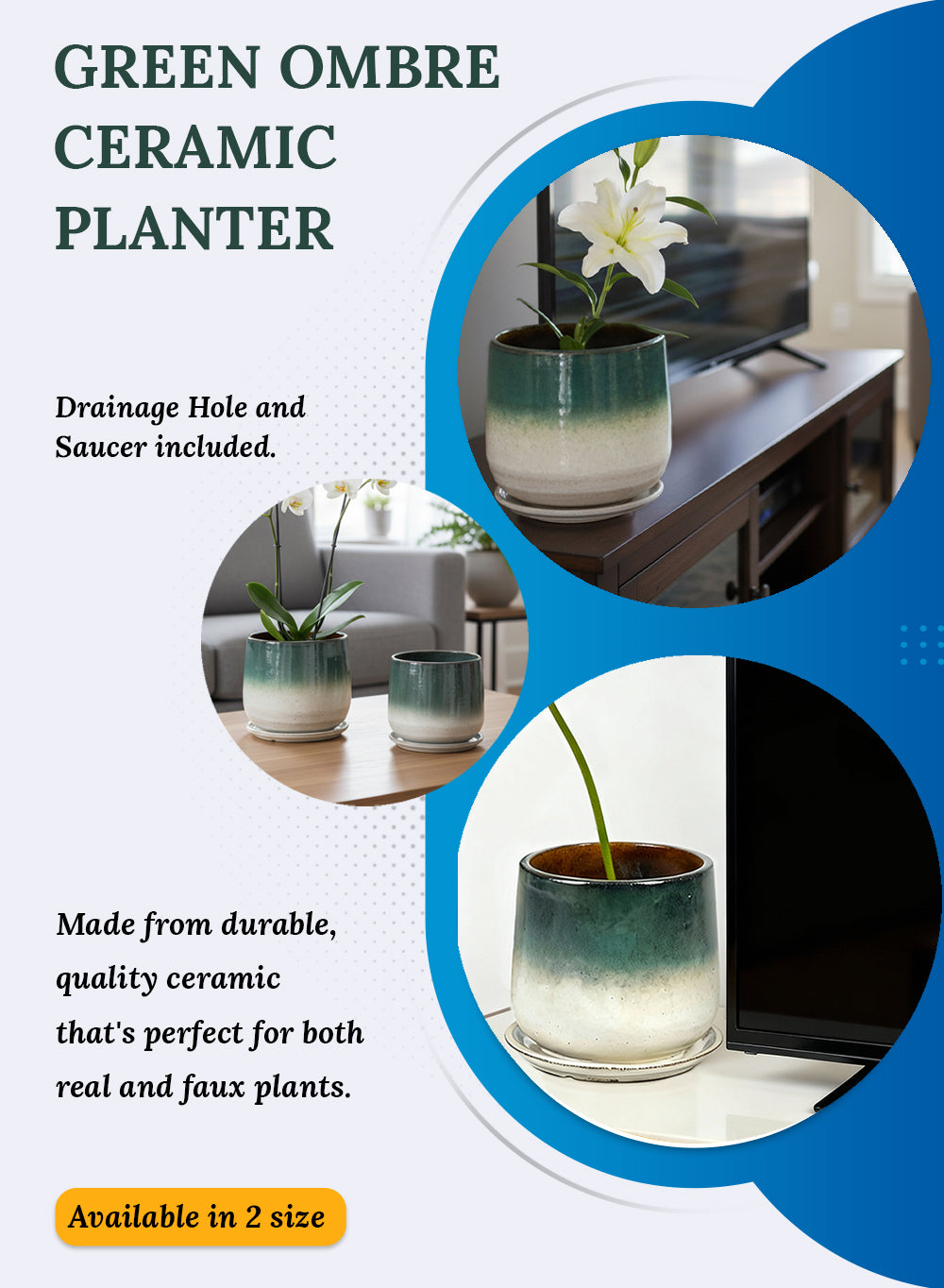 Green Ombre Ceramic Planter with Drainage Hole and Saucer, In 2 Sizes