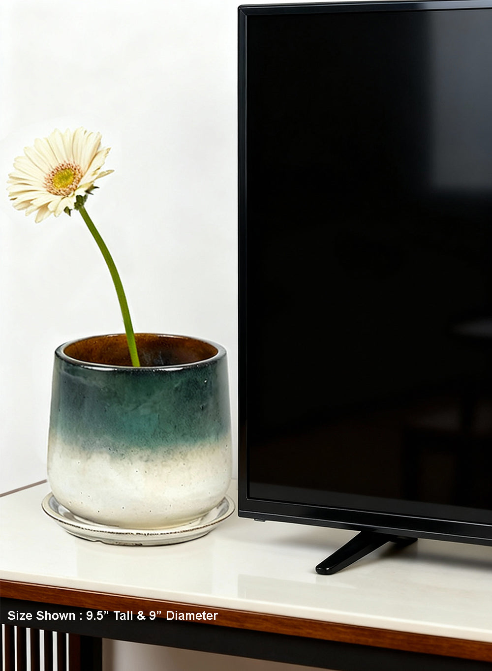 Green Ombre Ceramic Planter with Drainage Hole and Saucer, In 2 Sizes