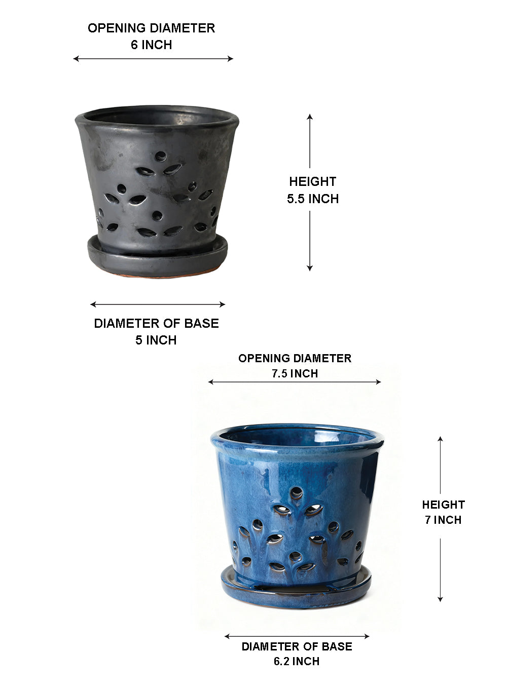 Bundle: Leaf Breeze Glazed Ceramic Planters - Black (Small - Pack of 1) with Blue (Medium - Pack of 1)