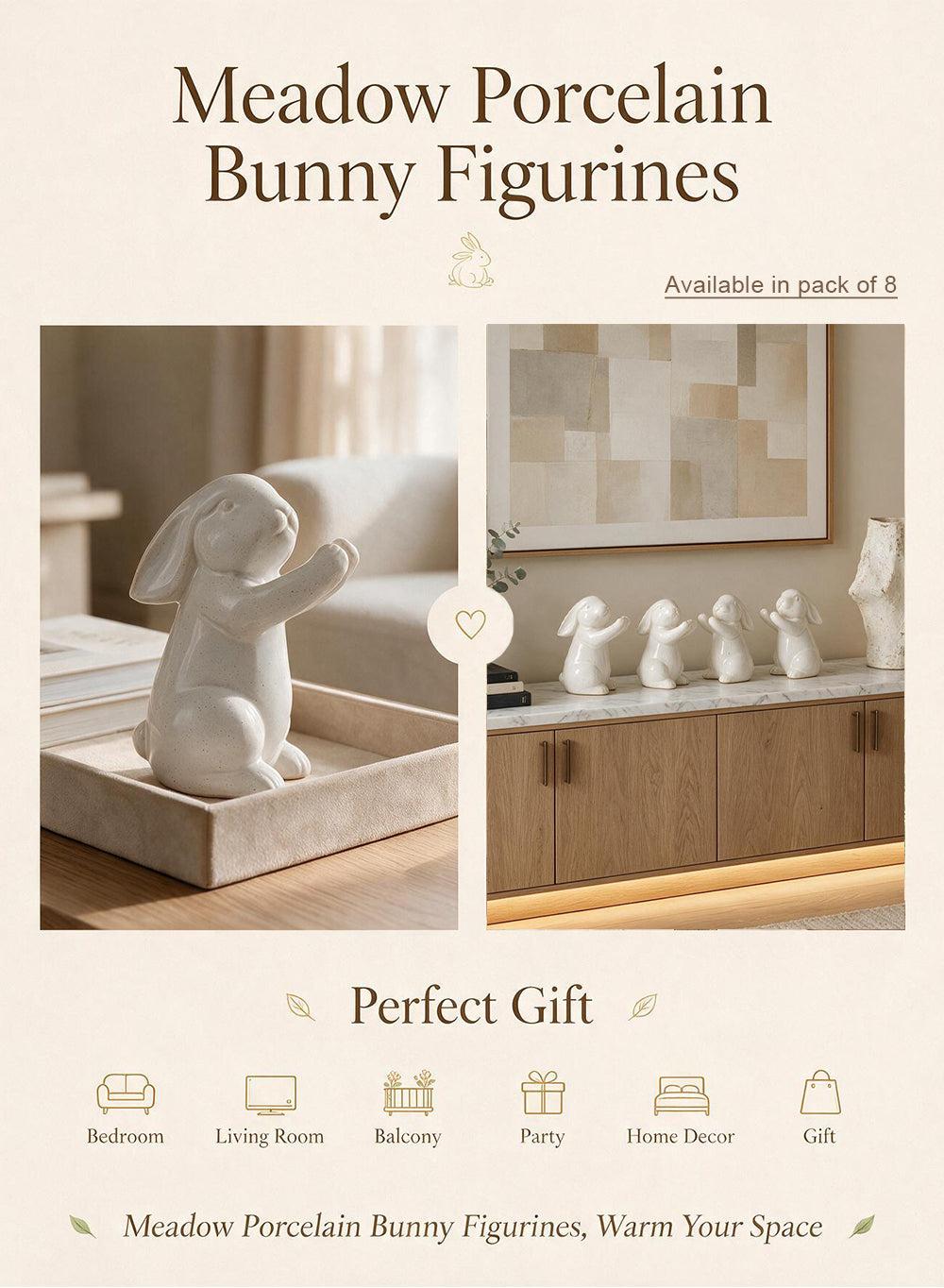 Meadow Porcelain Bunny Figurine, 5" Diameter & 6.5" Tall, Pack of 8