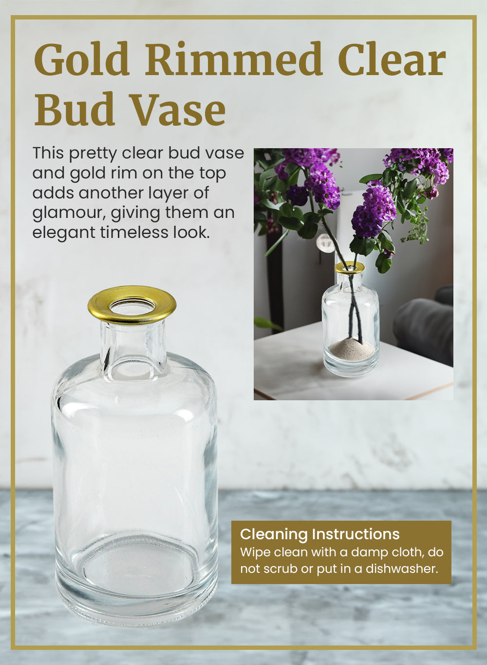 Gold Rimmed Clear Bud Vase, Available in 2 Sets