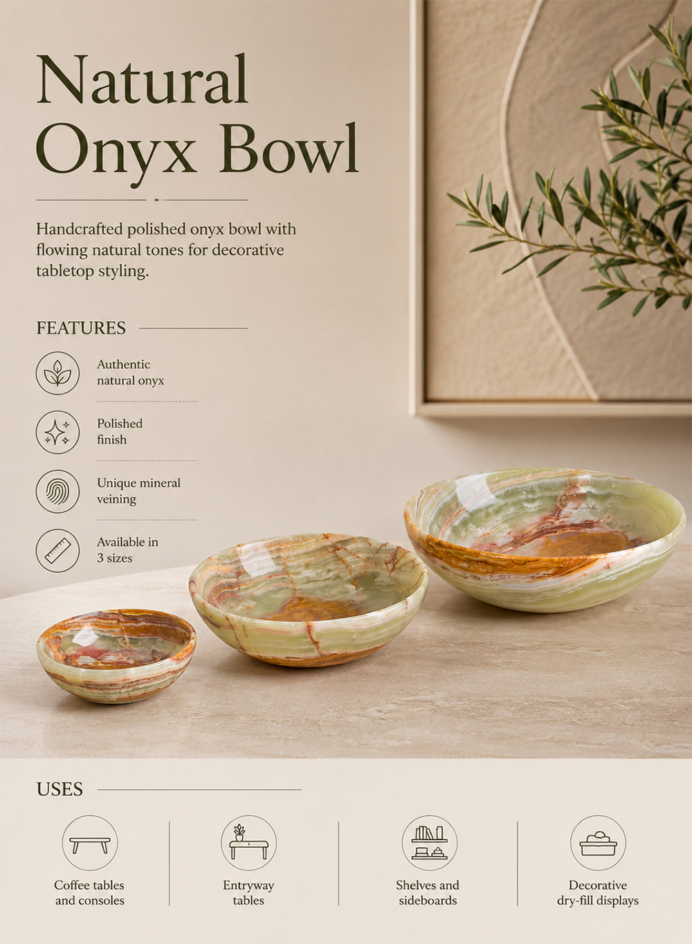 Natural Onyx Bowl, In 3 Sizes and Multiple Packs