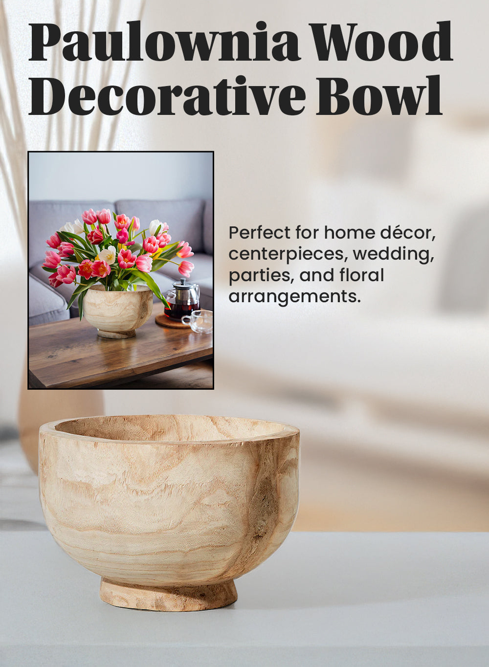 Paulownia Pedestal Wood Bowl, 11" Diameter & 7.25" Tall