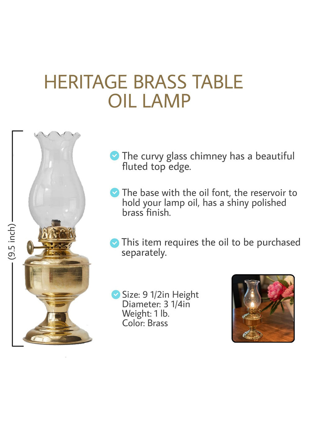 Vintage Oil Lamp, Brass, in 2 Sizes