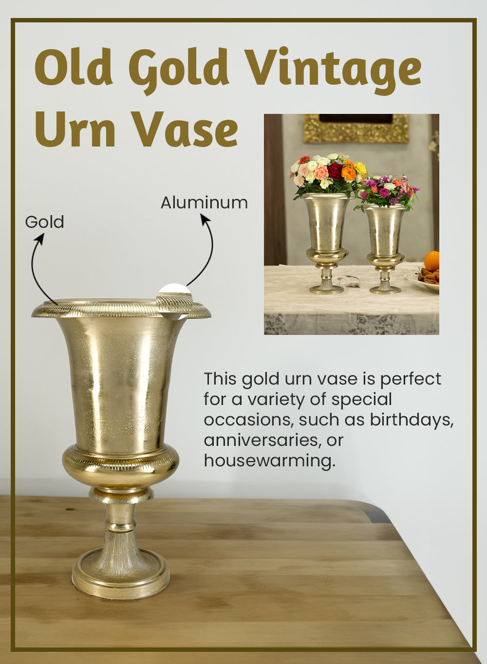 Old Gold Vintage Urn Vase, Ideal for Floral Centerpieces, Home Décor